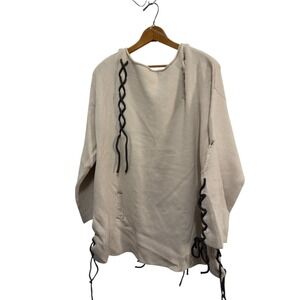 Distressed Lace Up Knit Sweater Women Beige Casual Streetwear Oversized